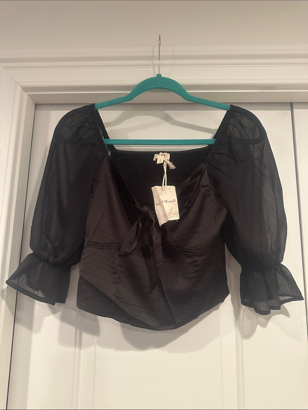 Hem & Thread Black Sheer Puff-Sleeve Tie-Front Top